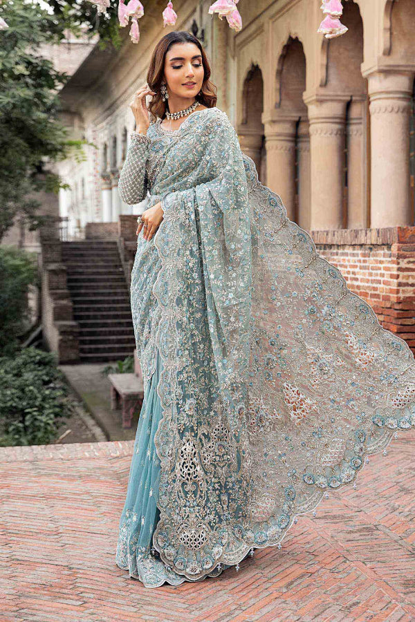 Ice Blue - Net Saree With Heavy Embroidery | Ready To Wear