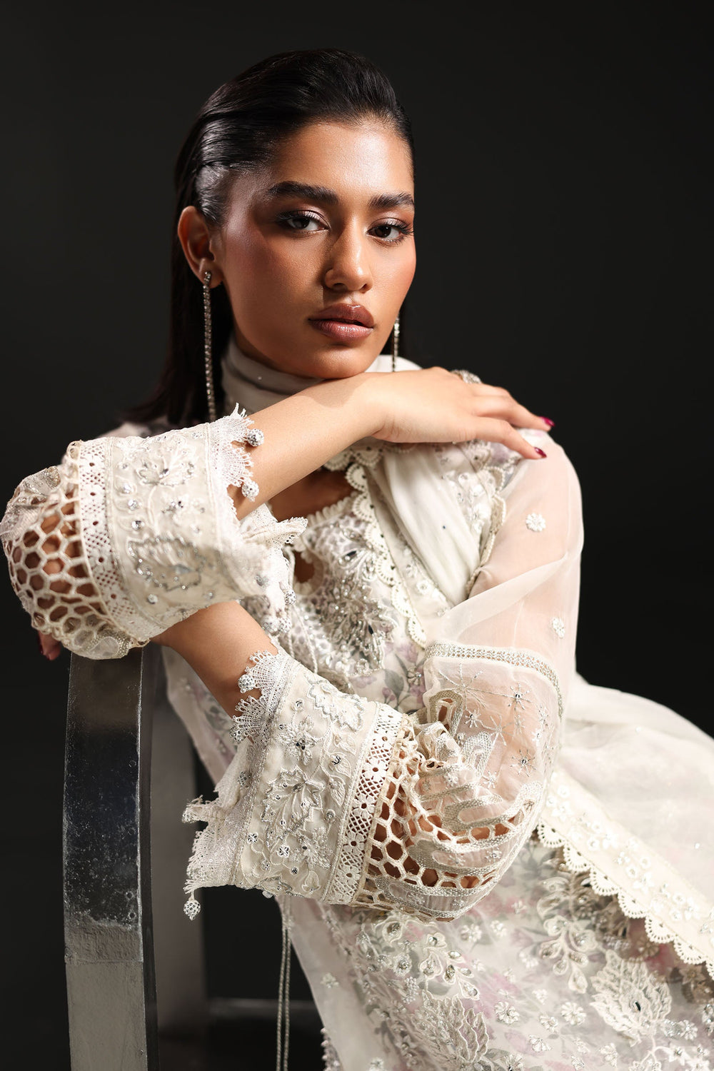 Icy White & Soft Floral Accent: Embroidered Organza Suit - Ready To Wear