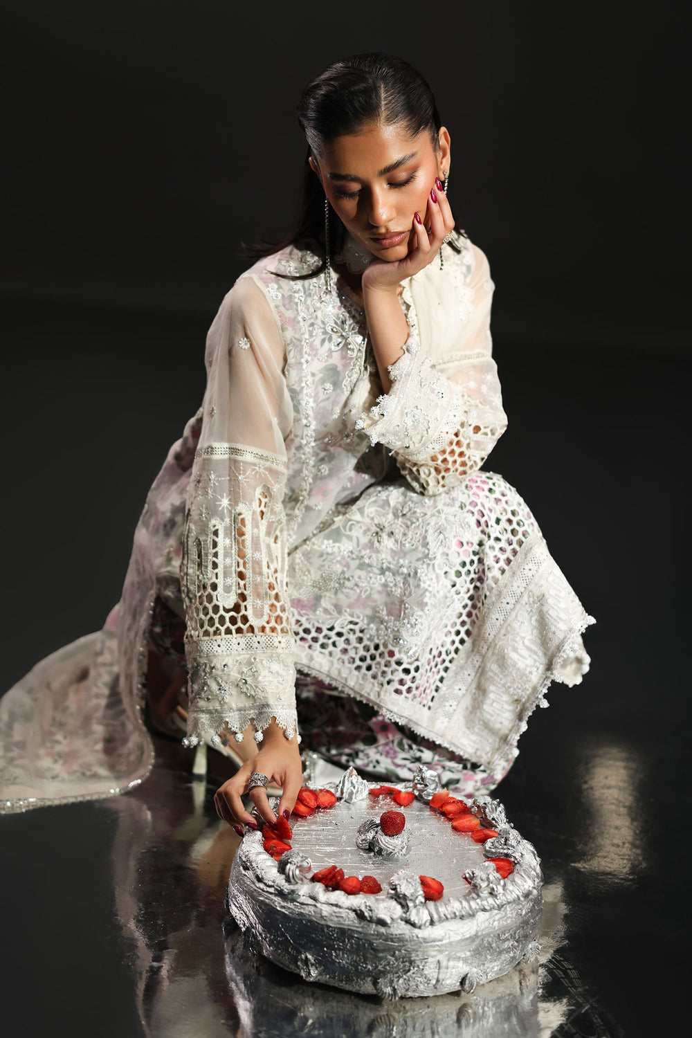 Icy White & Soft Floral Accent: Embroidered Organza Suit - Ready To Wear