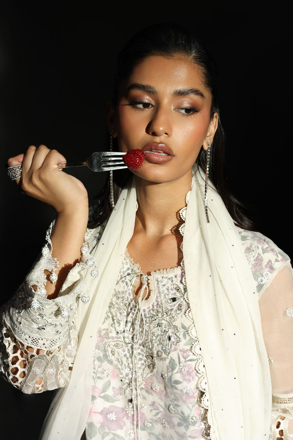 Icy White & Soft Floral Accent: Embroidered Organza Suit - Ready To Wear