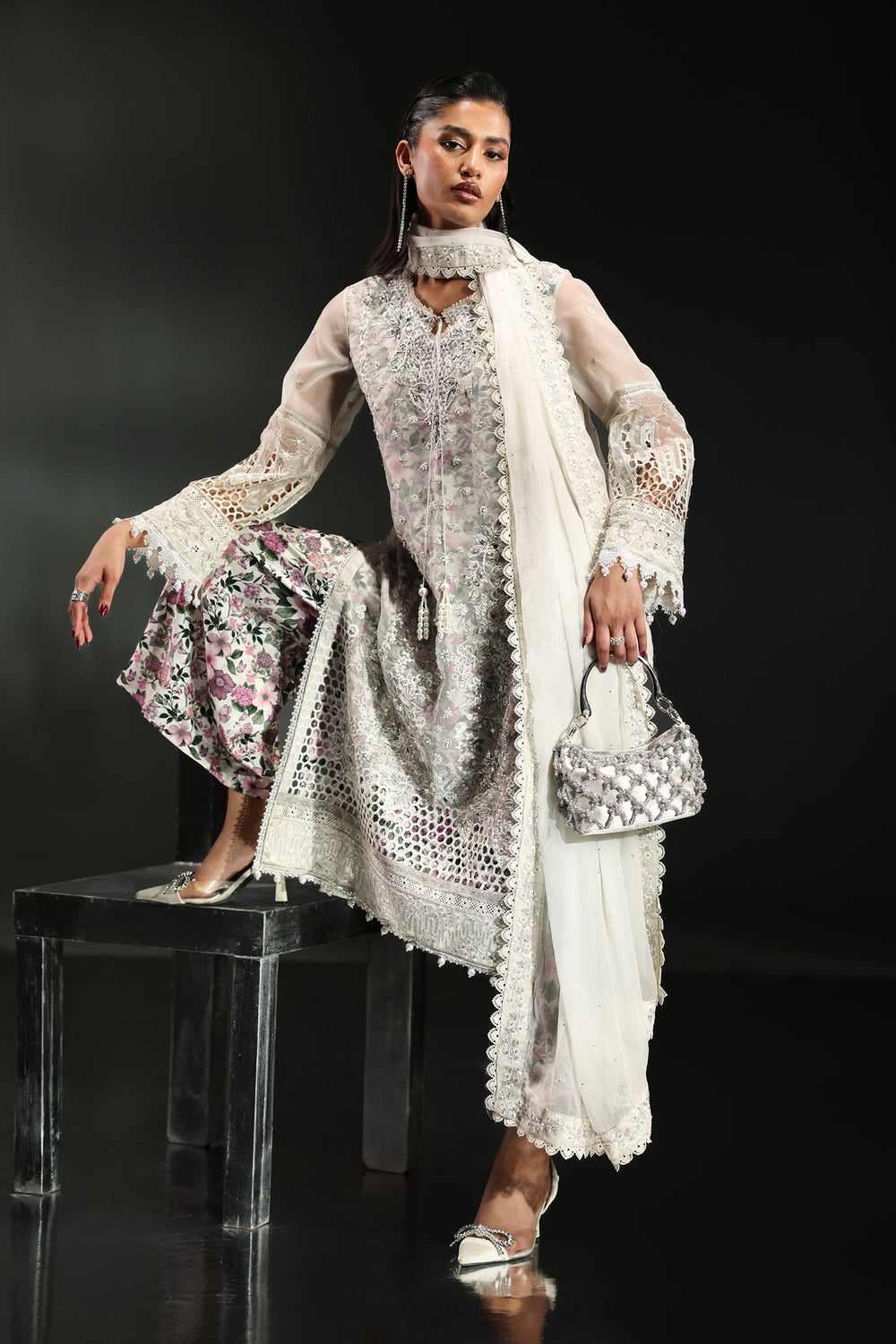 Icy White & Soft Floral Accent: Embroidered Organza Suit - Ready To Wear