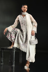 Icy White & Soft Floral Accent: Embroidered Organza Suit - Ready To Wear
