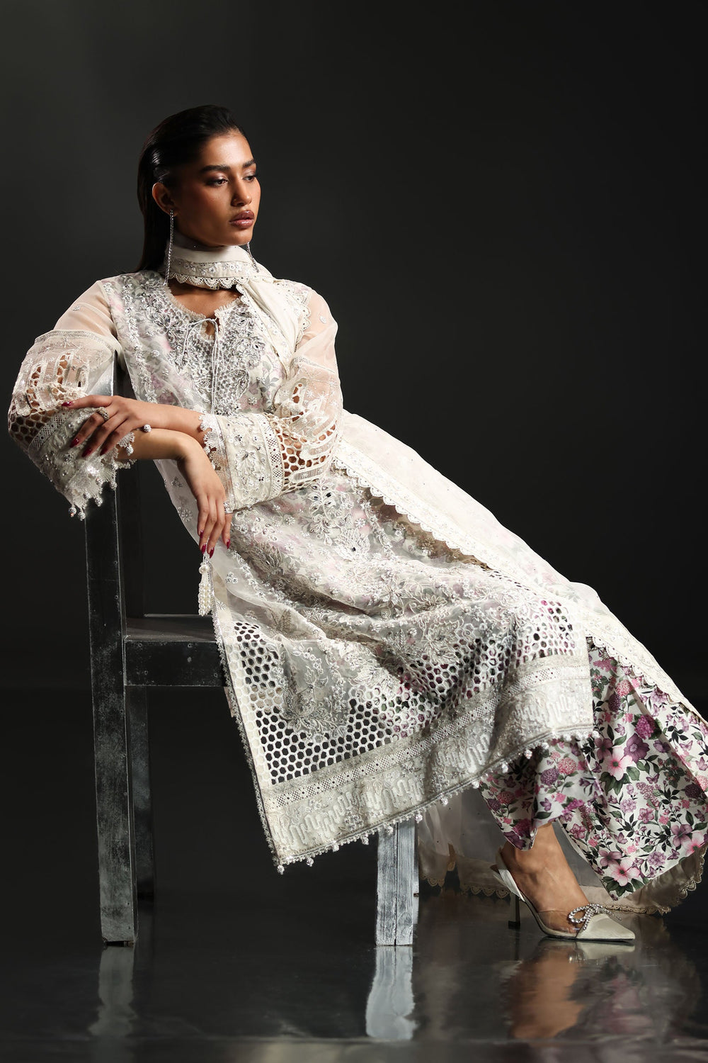 Icy White & Soft Floral Accent: Embroidered Organza Suit - Ready To Wear
