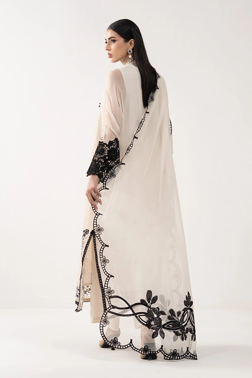 Cream Ivory Chiffon Suit With Jet Black Embroidery - Ready To Wear
