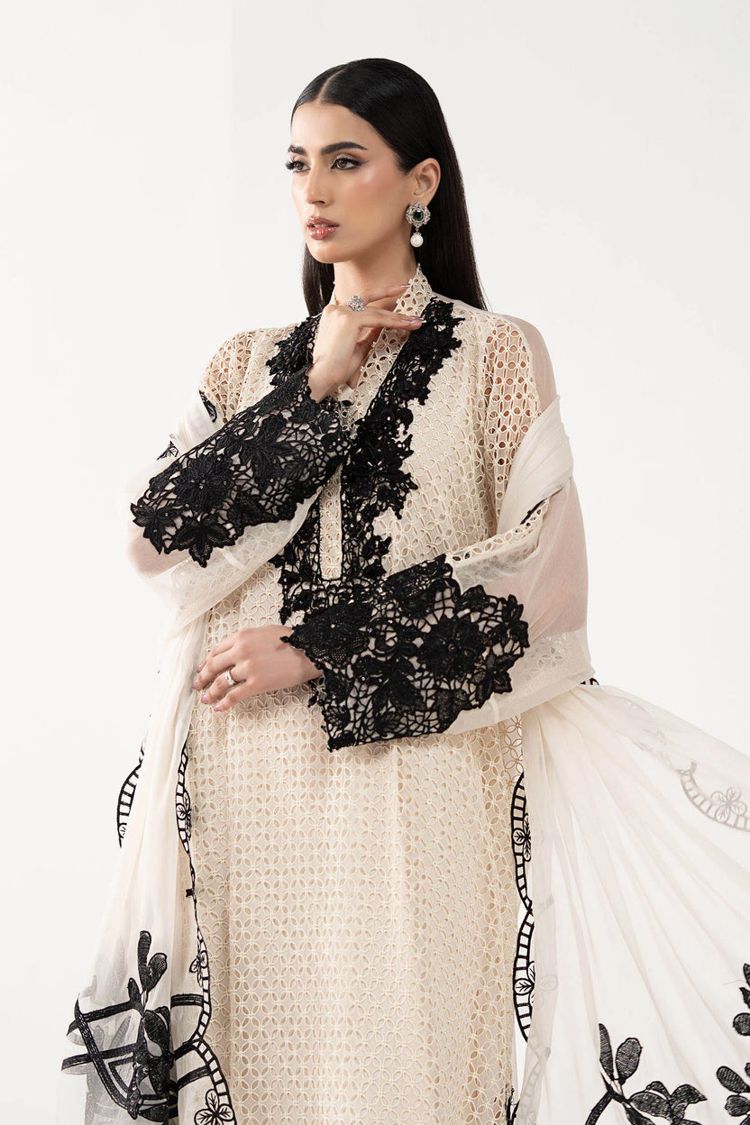 Cream Ivory Chiffon Suit With Jet Black Embroidery - Ready To Wear
