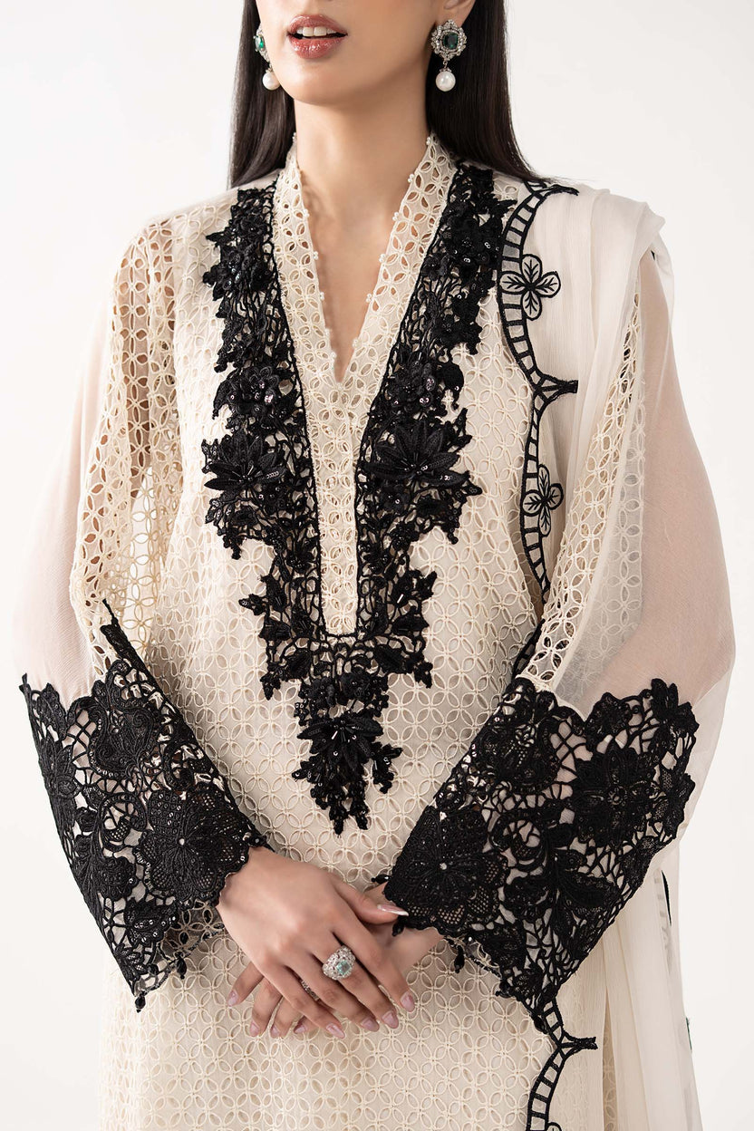 Cream Ivory Chiffon Suit With Jet Black Embroidery - Ready To Wear