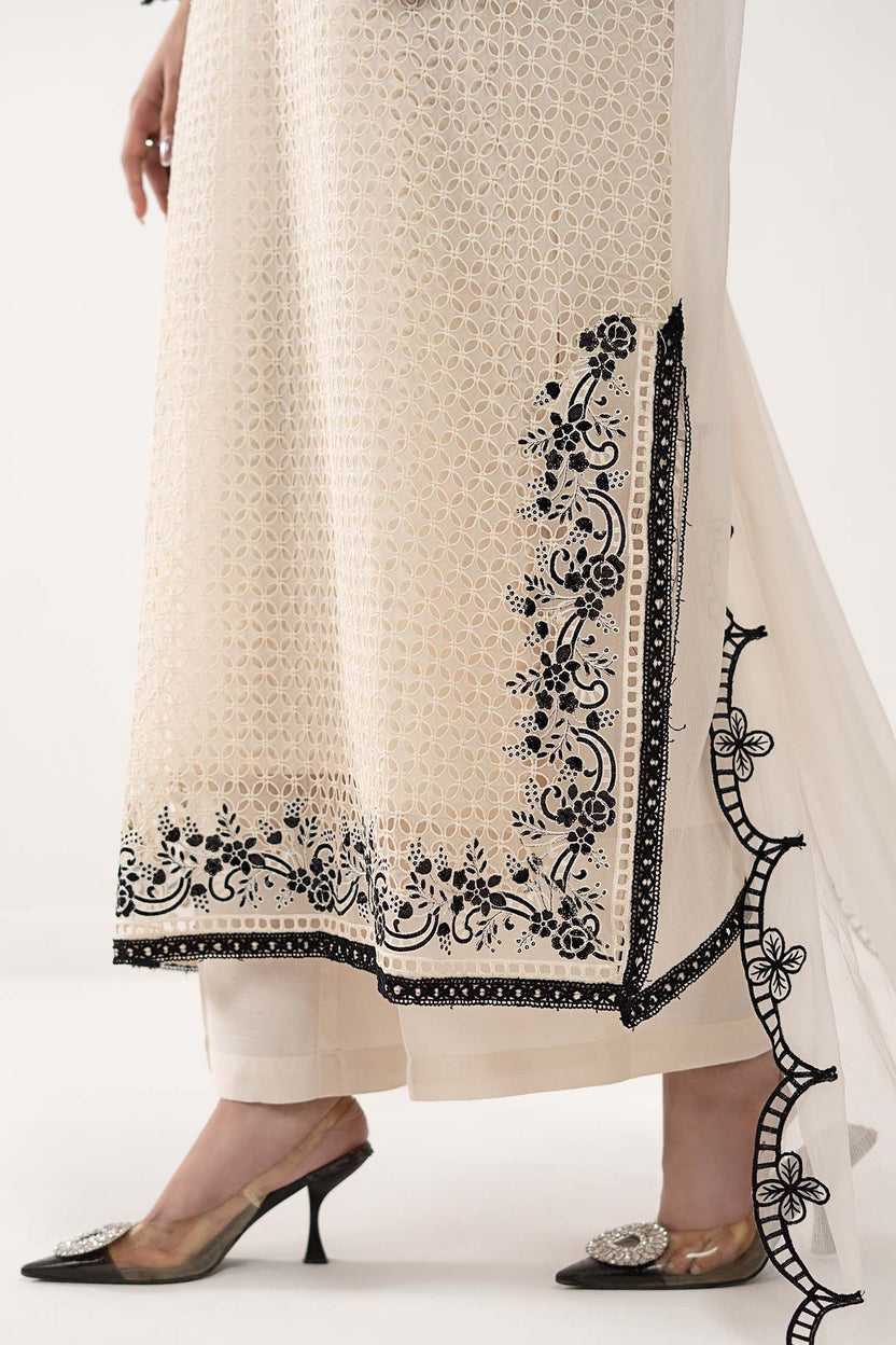 Cream Ivory Chiffon Suit With Jet Black Embroidery - Ready To Wear