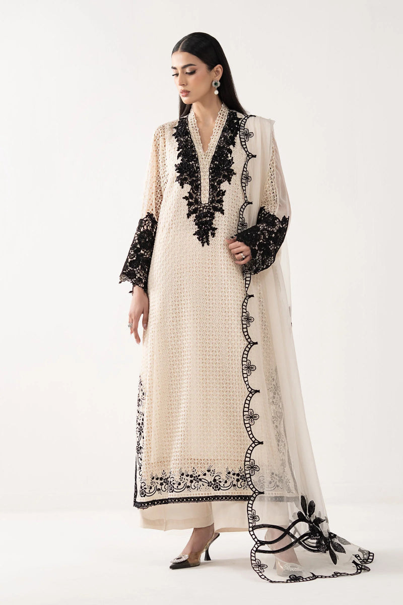 Cream Ivory Chiffon Suit With Jet Black Embroidery - Ready To Wear