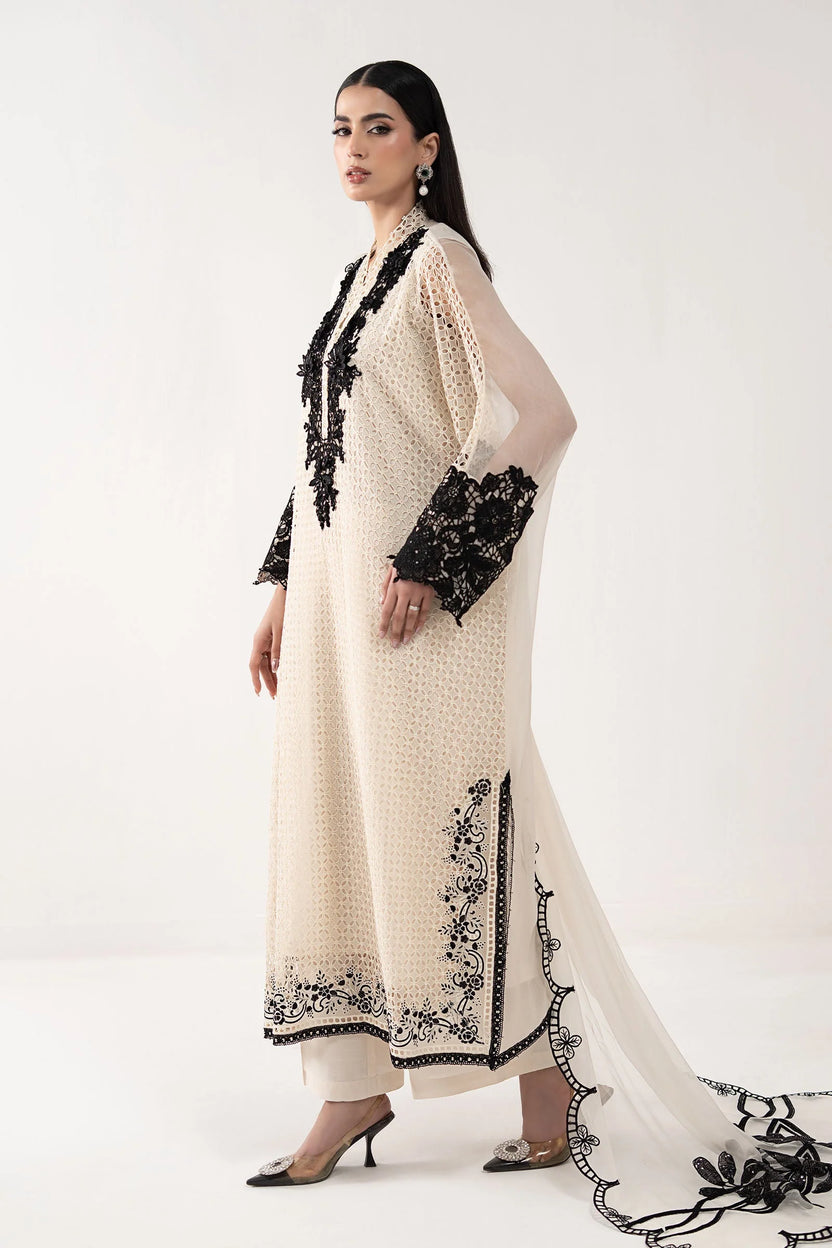 Cream Ivory Chiffon Suit With Jet Black Embroidery - Ready To Wear