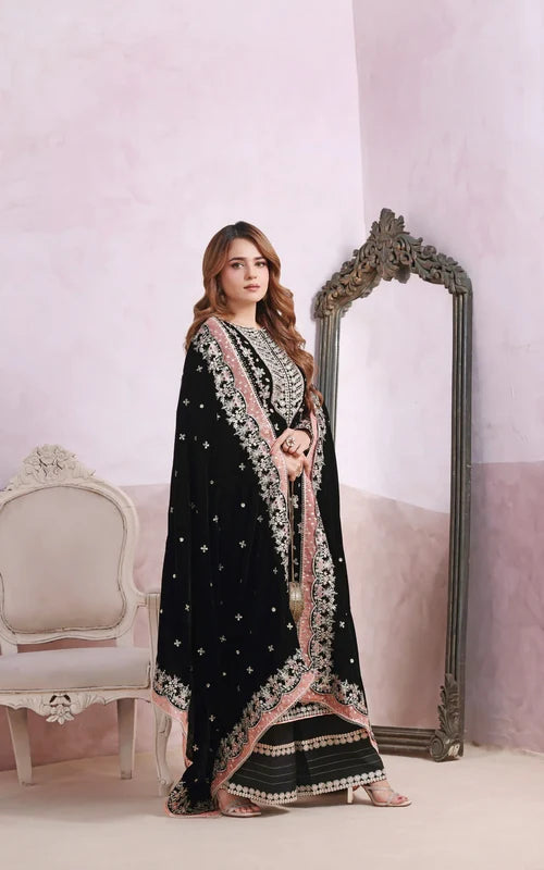 Noir Black & Silver Accent : Heavy Embroidered Velvet Suit With Chiffon Dupatta - Ready To Wear