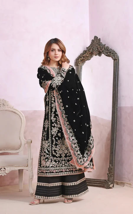 Noir Black & Silver Accent : Heavy Embroidered Velvet Suit With Chiffon Dupatta - Ready To Wear