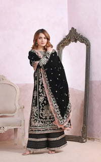 Noir Black & Silver Accent : Heavy Embroidered Velvet Suit With Chiffon Dupatta - Ready To Wear