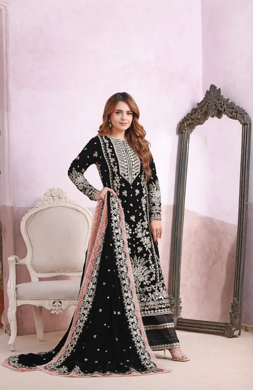 Noir Black & Silver Accent : Heavy Embroidered Velvet Suit With Chiffon Dupatta - Ready To Wear