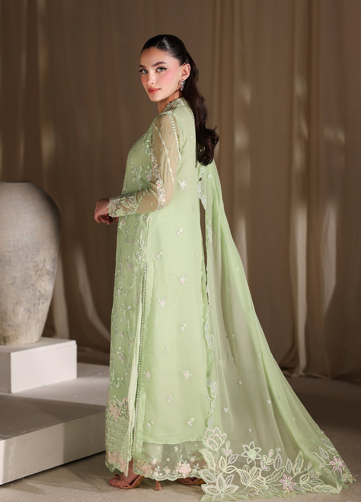 Azure  Embroidered Chiffon 3 Piece Suit - Ready To Wear