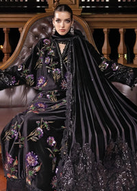 Midnight Black & Magenta Floral: Embroidered Velvet Suit - Ready To Wear
