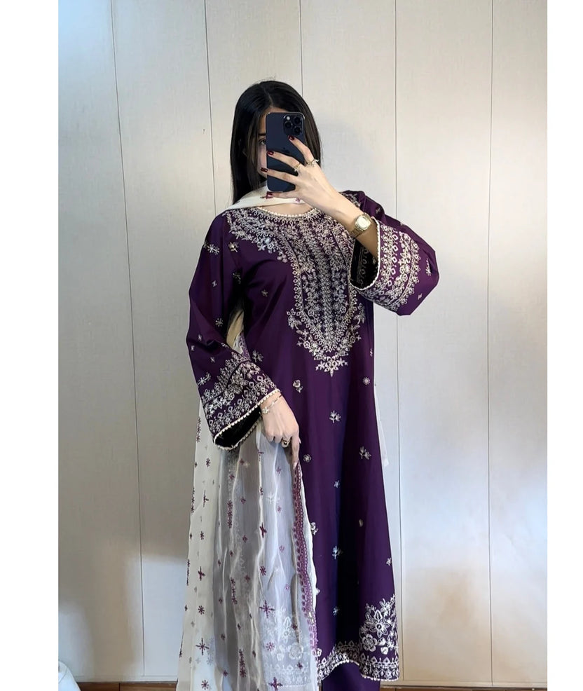 03-Piece Chiffon Suit With Embroidery - Ready To Wear