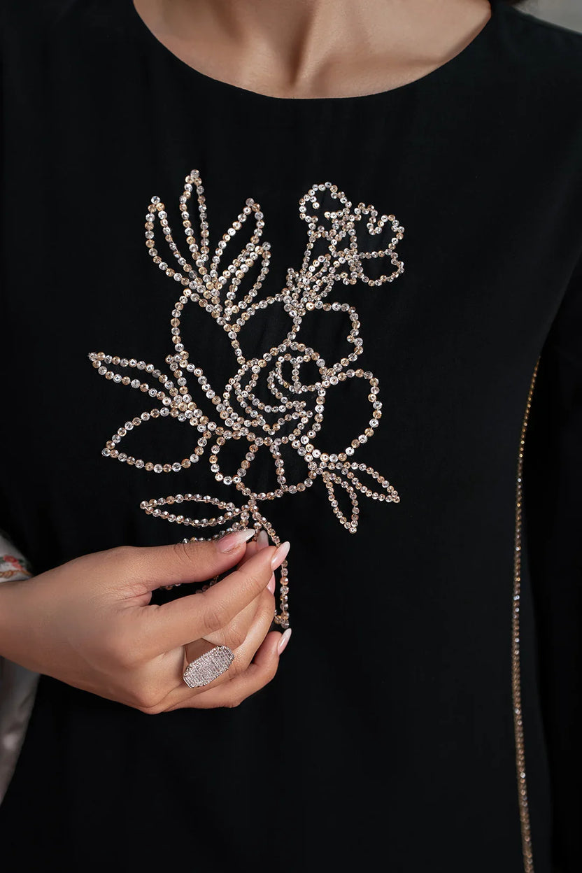 Black Pearl & Cream: Floral Silk Suit - Ready To Wear