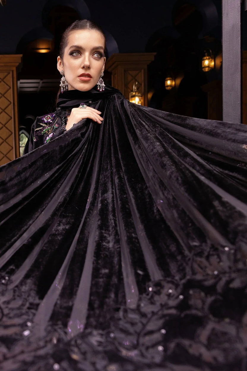 Midnight Black & Magenta Floral: Embroidered Velvet Suit - Ready To Wear