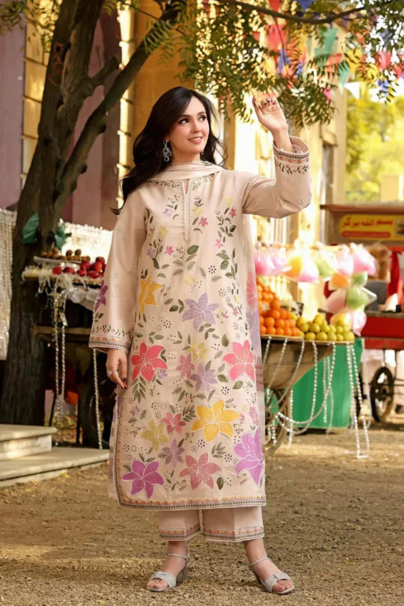 03-Piece Embroidered Lawn Suit With Silk Dupatta | Ready To Wear