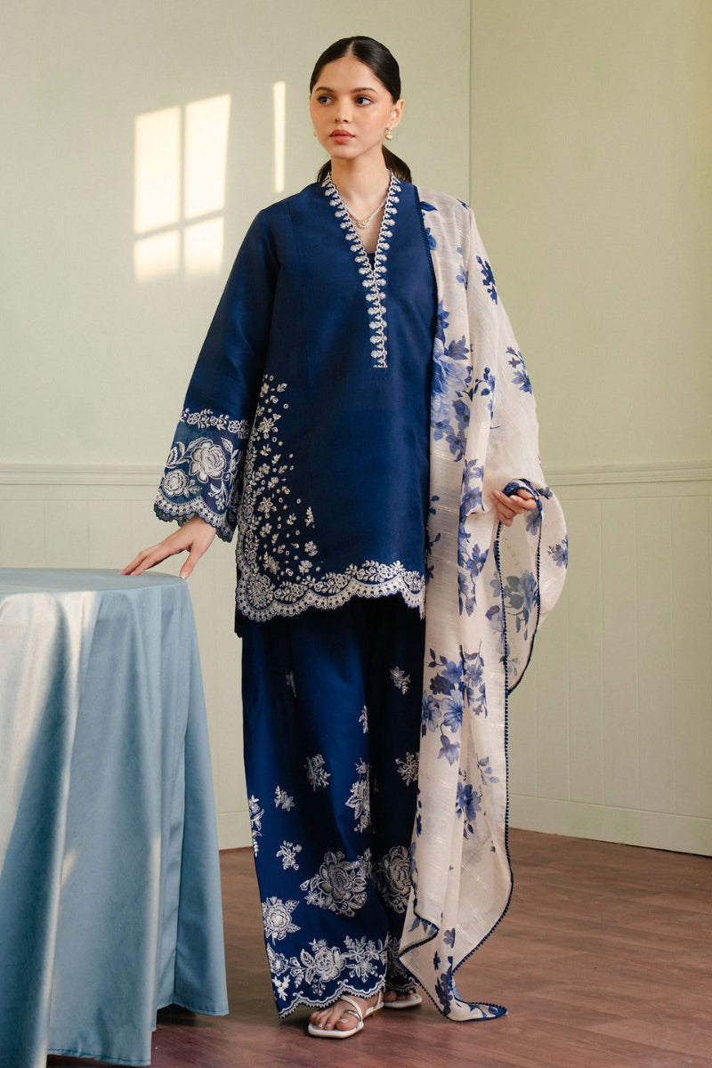 Deep Navy Flora - 3 Piece Embroidered Suit | Ready To Wear