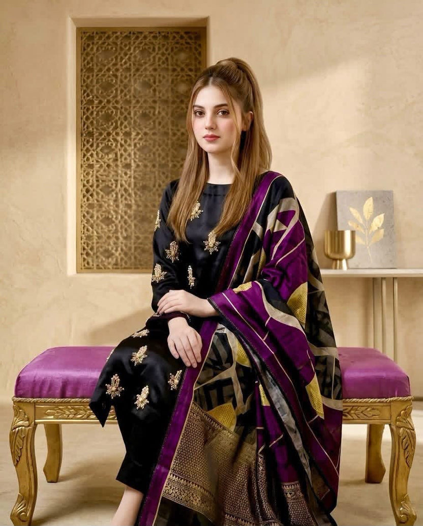 03-Piece Shamoze Silk Suit With Pearls & Beads Handwork - Ready To Wear