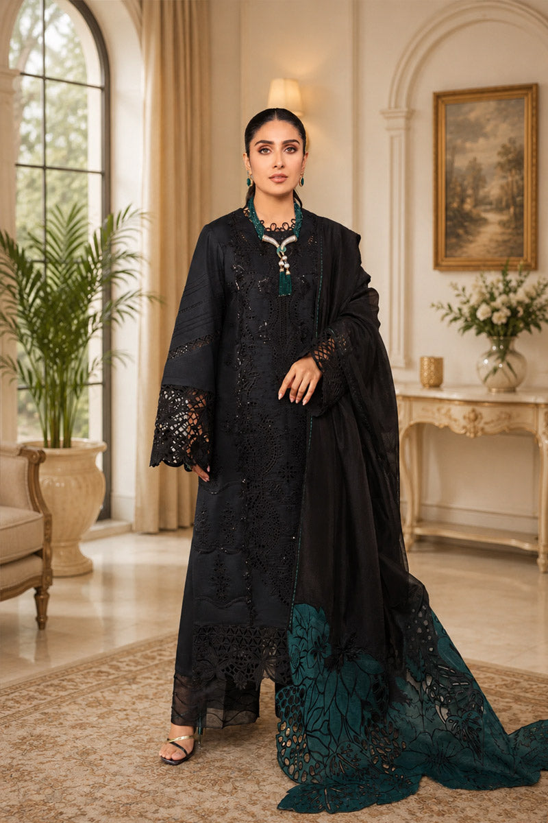 Midnight Emerald - Luxury Cotton Suit With Embroidery - Ready To Wear