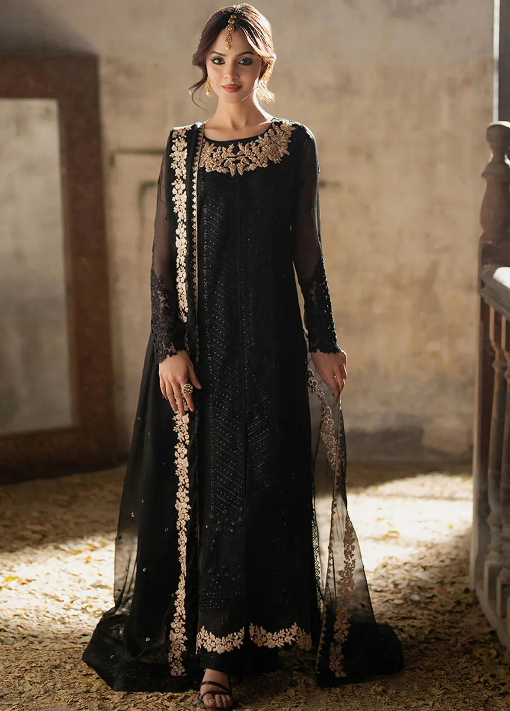 Azure Midnight  Embroidered Ciffion 03 Piece Suit- Ready To Wear