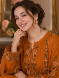 Warm Ochre Mustard: Embroidered Silk Kaftan Style Shirt  - Ready To Wear