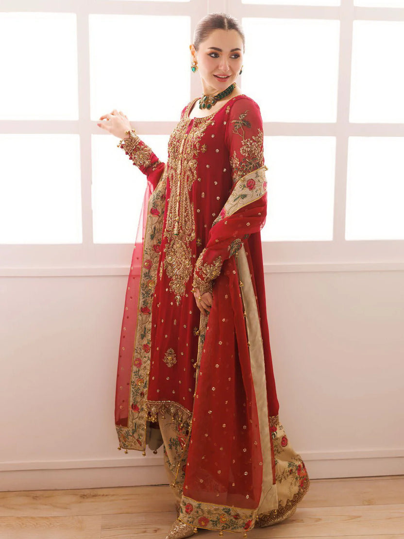 Bridal Red: Embroidered Chiffon Suit With Organza Dupatta -  Ready To Wear
