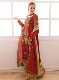 Bridal Red: Embroidered Chiffon Suit With Organza Dupatta -  Ready To Wear