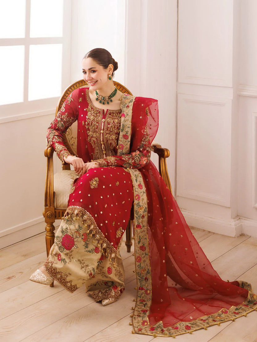 Bridal Red: Embroidered Chiffon Suit With Organza Dupatta -  Ready To Wear