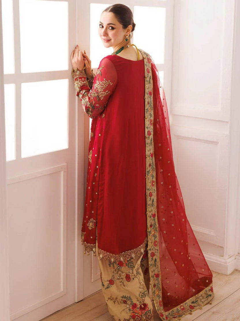 Bridal Red: Embroidered Chiffon Suit With Organza Dupatta -  Ready To Wear