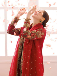 Bridal Red: Embroidered Chiffon Suit With Organza Dupatta -  Ready To Wear
