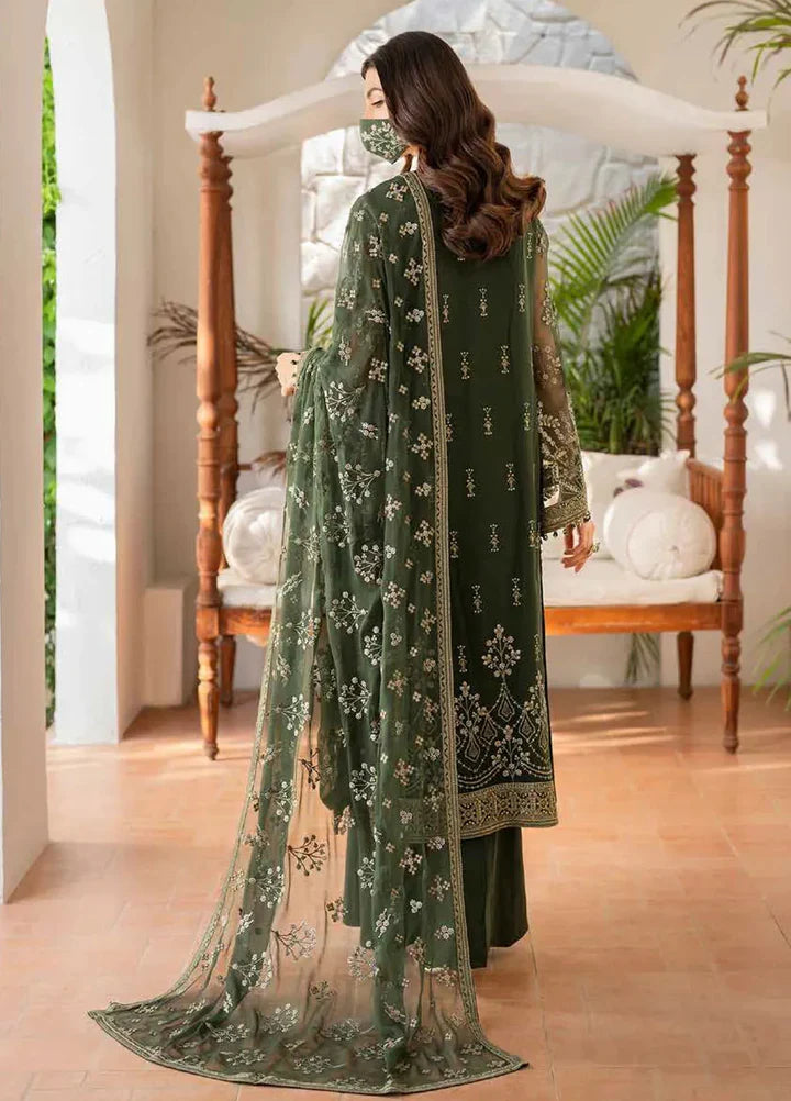 Olive Moss Green & Antique Gold: Embroidered Chiffon Suit - Ready To Wear
