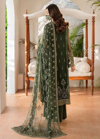 Olive Moss Green & Antique Gold: Embroidered Chiffon Suit - Ready To Wear
