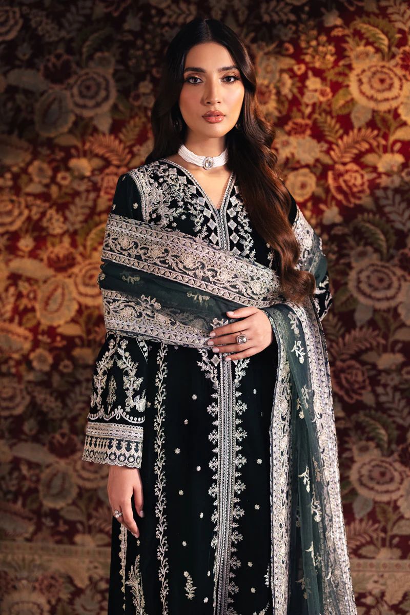Jet Black & Silver Embroidered Velvet Suit - Ready To Wear
