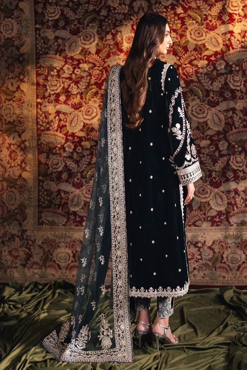 Jet Black & Silver Embroidered Velvet Suit - Ready To Wear