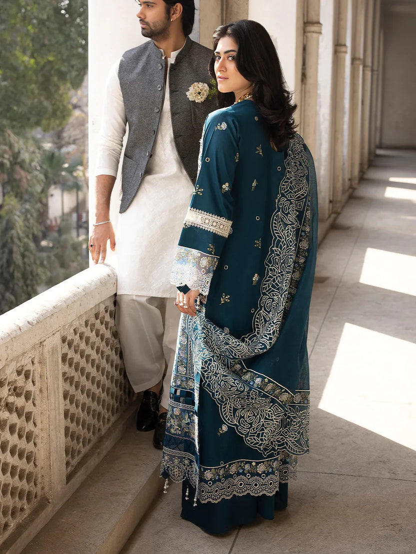 03-Piece Embroiedred Cotton Suit With Net Dupatta - Ready To Wear