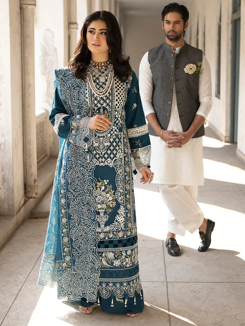 03-Piece Embroiedred Cotton Suit With Net Dupatta - Ready To Wear