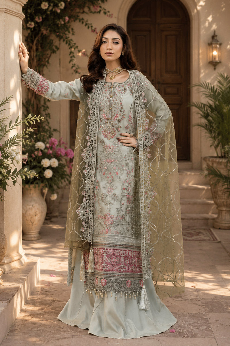Mint Grey & Mauve Pink: Embroidered Organza Suit - Ready To Wear