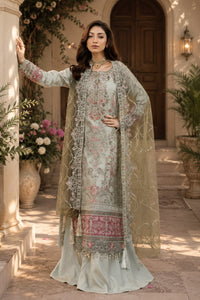 Mint Grey & Mauve Pink: Embroidered Organza Suit - Ready To Wear